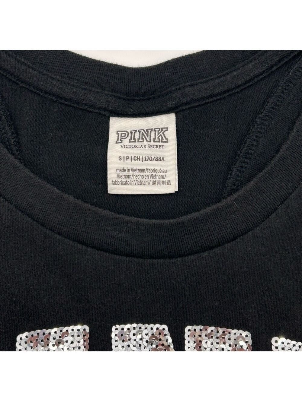 Victoria's Secret PINK Black Sequin Logo Racerback Tank Top Small - Picture 11 of 11